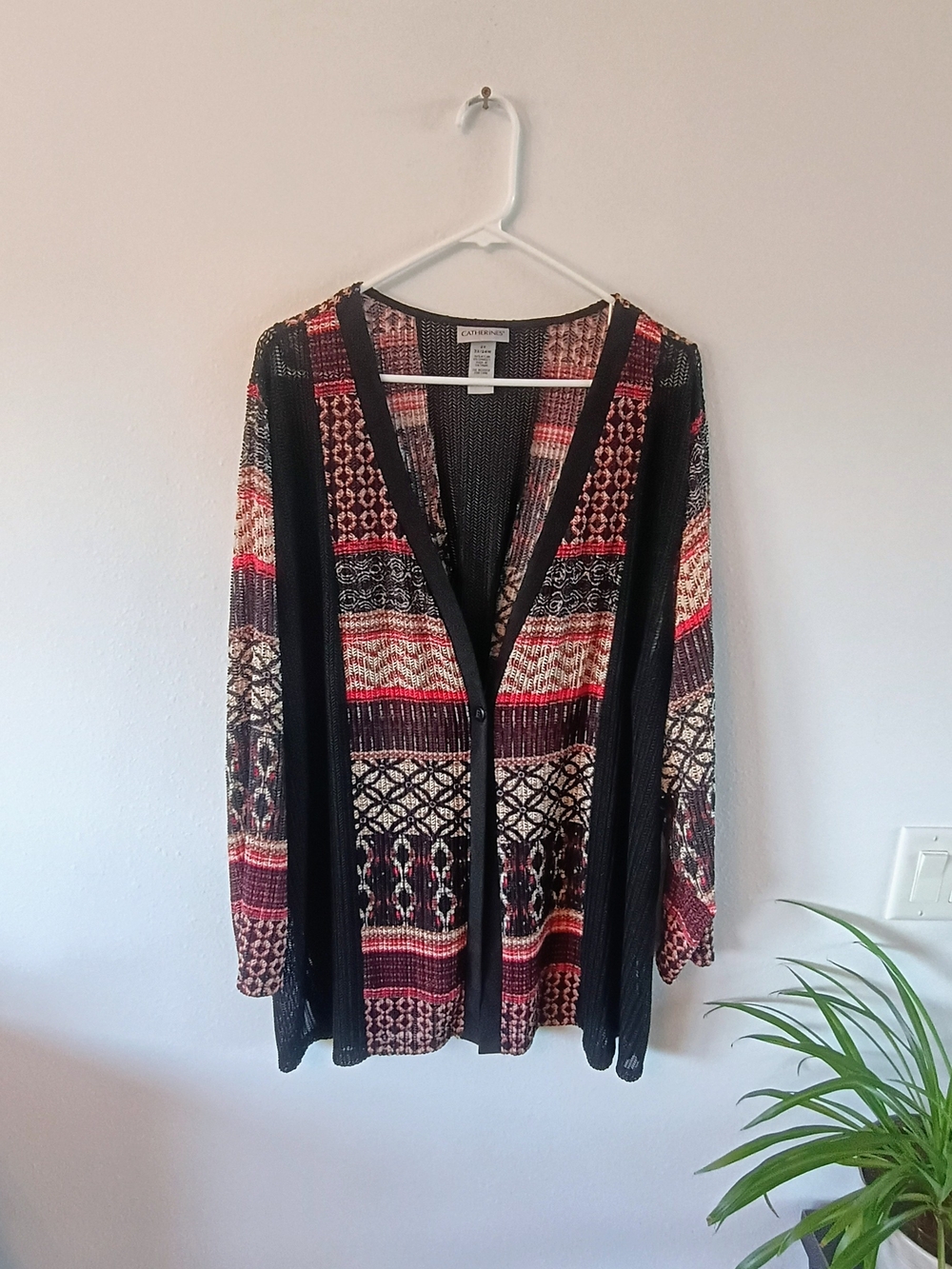 🖤 Catherines Cardigan 2X 22/24W Black Red Mixed Print Open Front Plus Size Boho